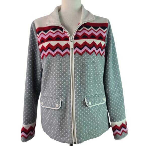 Talbots Gray Red Pink Fair Isle Style   Zip Up Soft Fleece Jacket NEW Medium - Picture 1 of 5